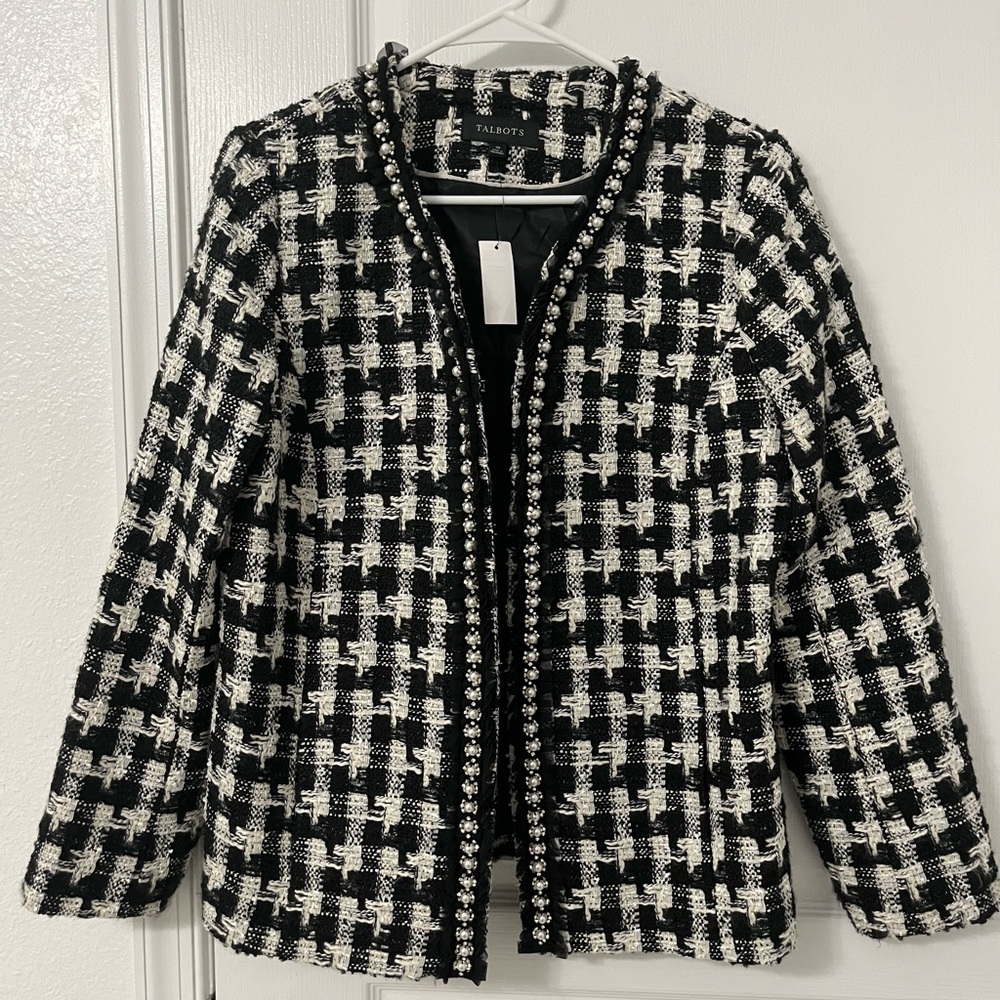 Black and white pattern Talbots blazer with pearl embellishments